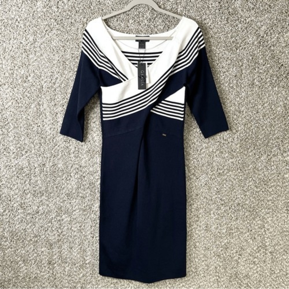 Gracia Dress Women's Large Navy Blue & White Striped Wrap Style Stretch Midi NWT